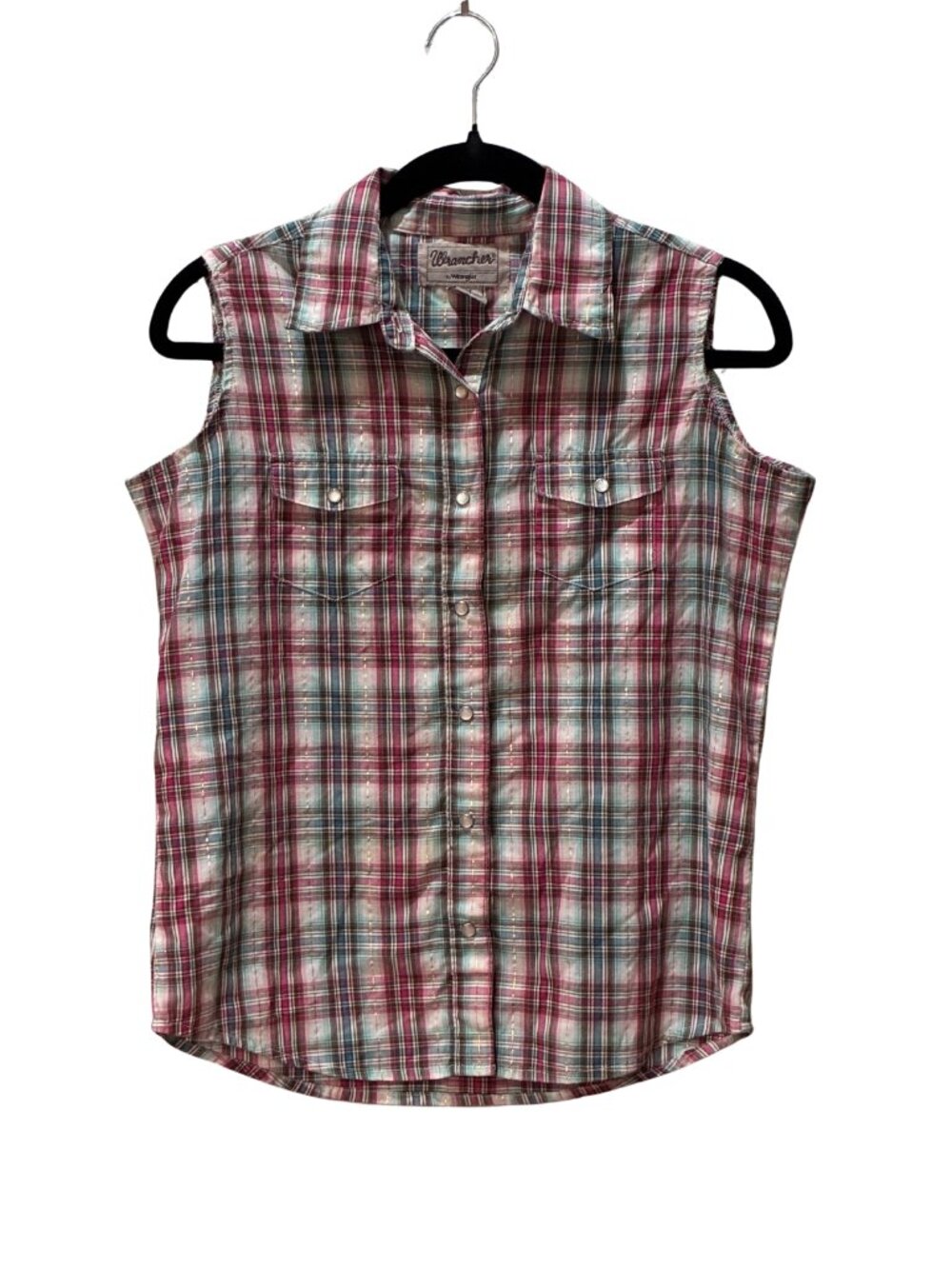 Wrancher Wrangler Women's Sleeveless Plaid Pearl Snap Western Shirt Metallic Y2K